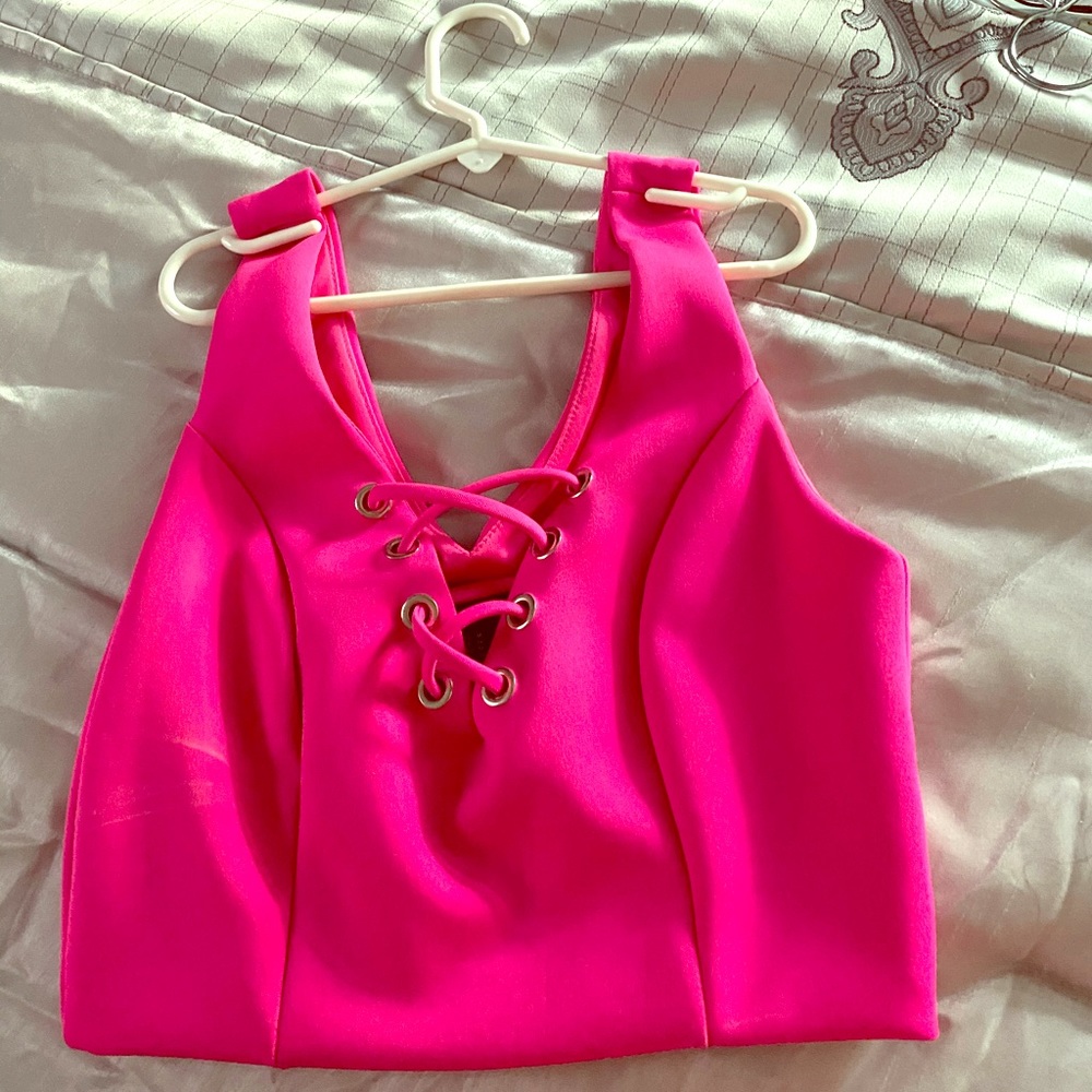 Bright pink lace up crop top